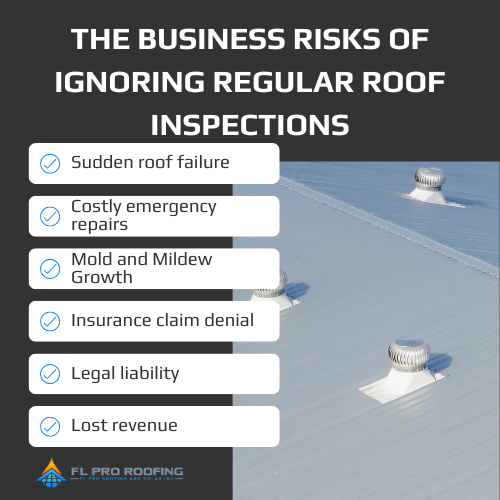 Commercial roof inspection highlighting risks like roof failure, costly repairs, mold growth, insurance denial, and lost revenue