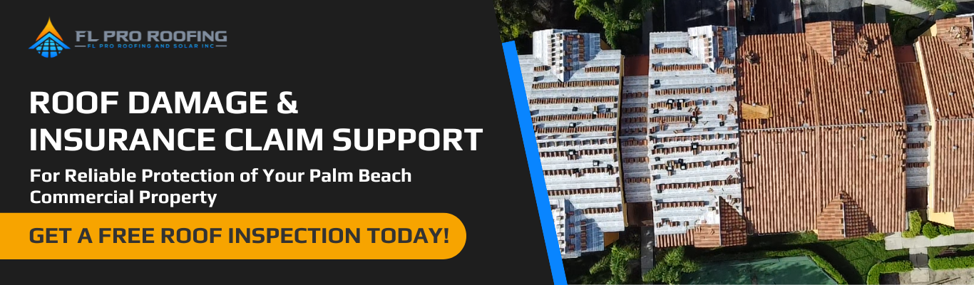 Banner promoting roof damage and insurance claims support with free commercial roof inspection in Palm Beach, FL