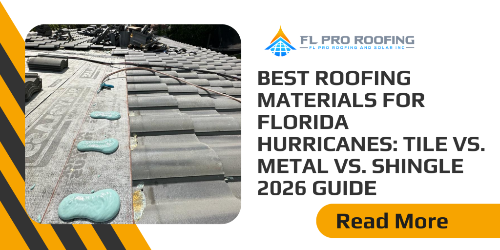 Close-up tile installation with adhesive blobs, banner promoting the Best Roofing Materials for Florida Hurricanes guide