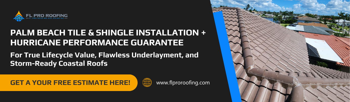 Aerial view of new brown tile roof installation over a West Palm Beach home, comparing tile roof vs shingle roof florida