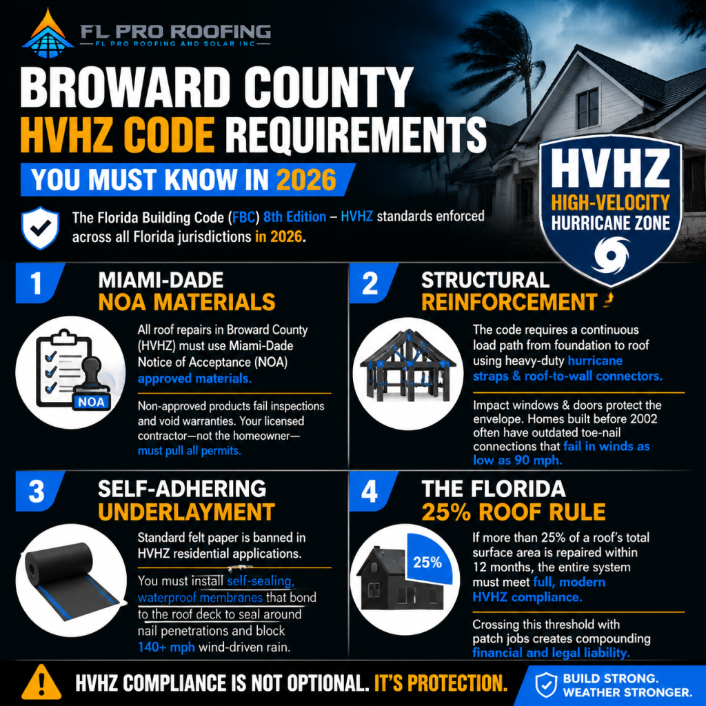 nfographic on 2026 Broward County HVHZ roof codes, NOA materials & 25% rule.