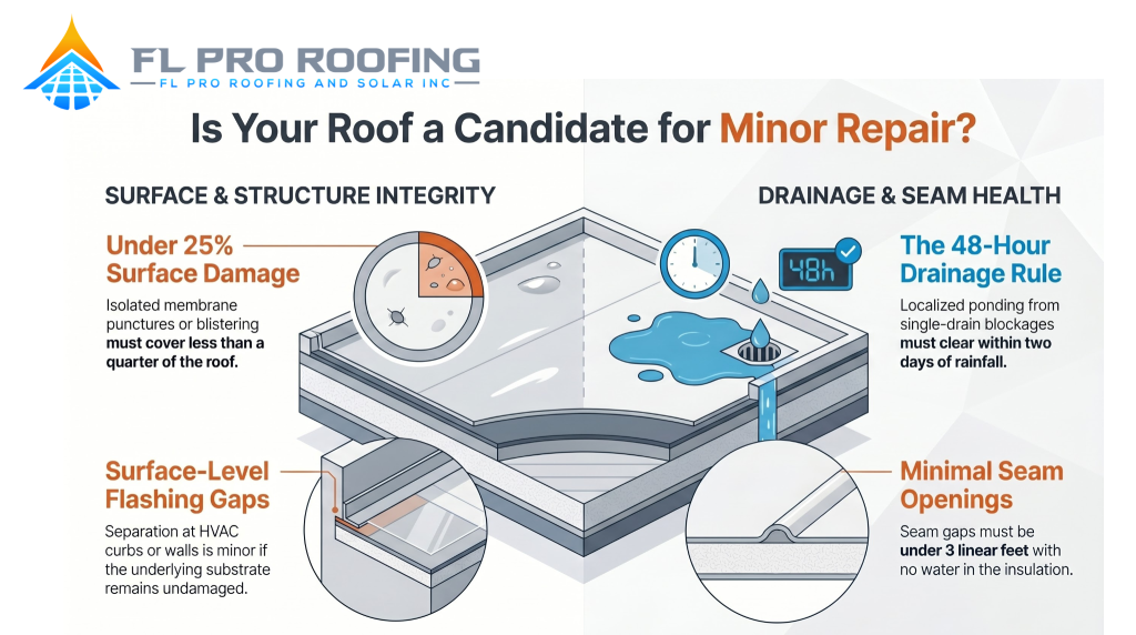 L PRO ROOFING infographic on 4 criteria for minor flat roof repairs.