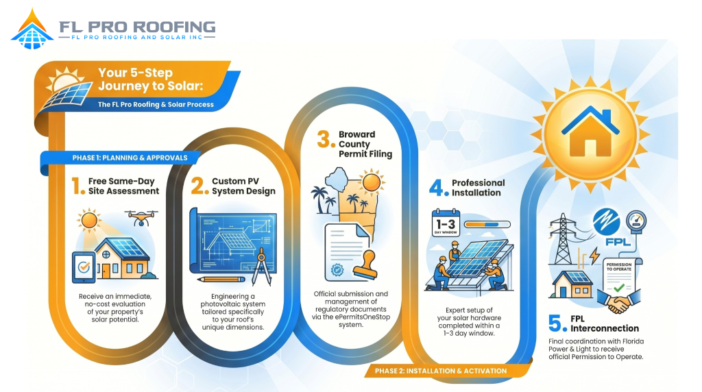 Infographic showing FL Pro Roofing & Solar's 5-step solar installation process.