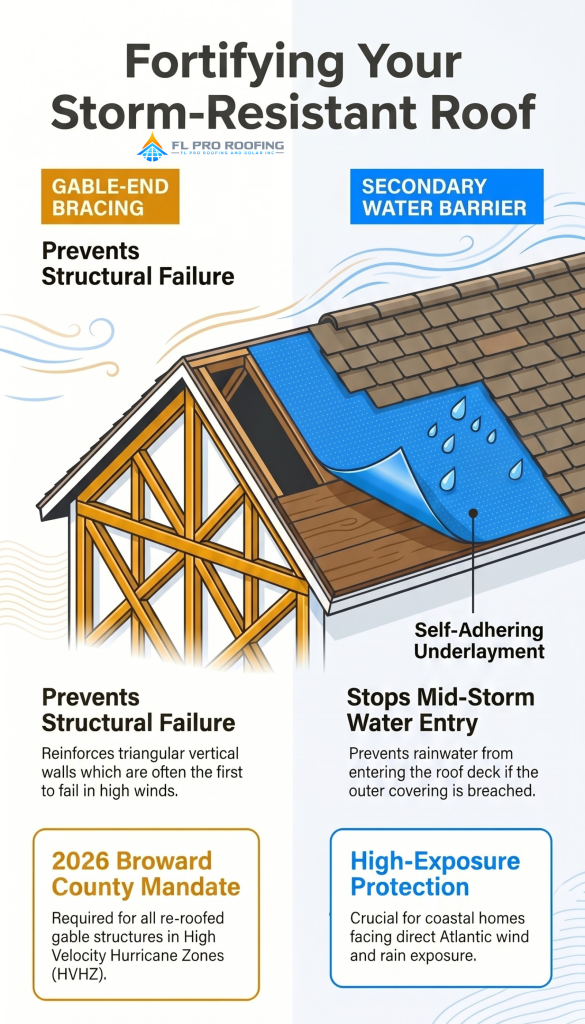 Infographic showing gable-end bracing and secondary water barrier as storm protection alongside hurricane straps for roof frames
