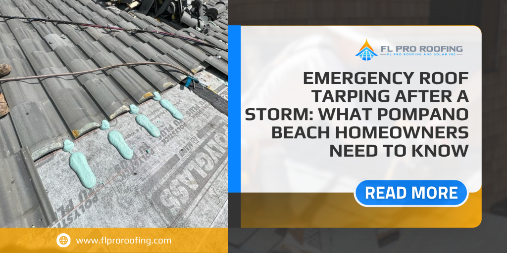 Damaged tile roof requiring emergency roof tarping after a severe storm in Pompano Beach, FL