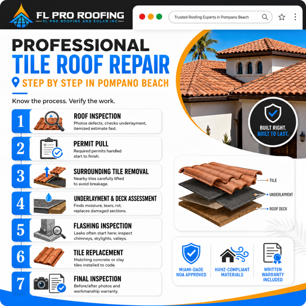 Infographic listing a 7-step tile roof repair process in Pompano Beach, FL..