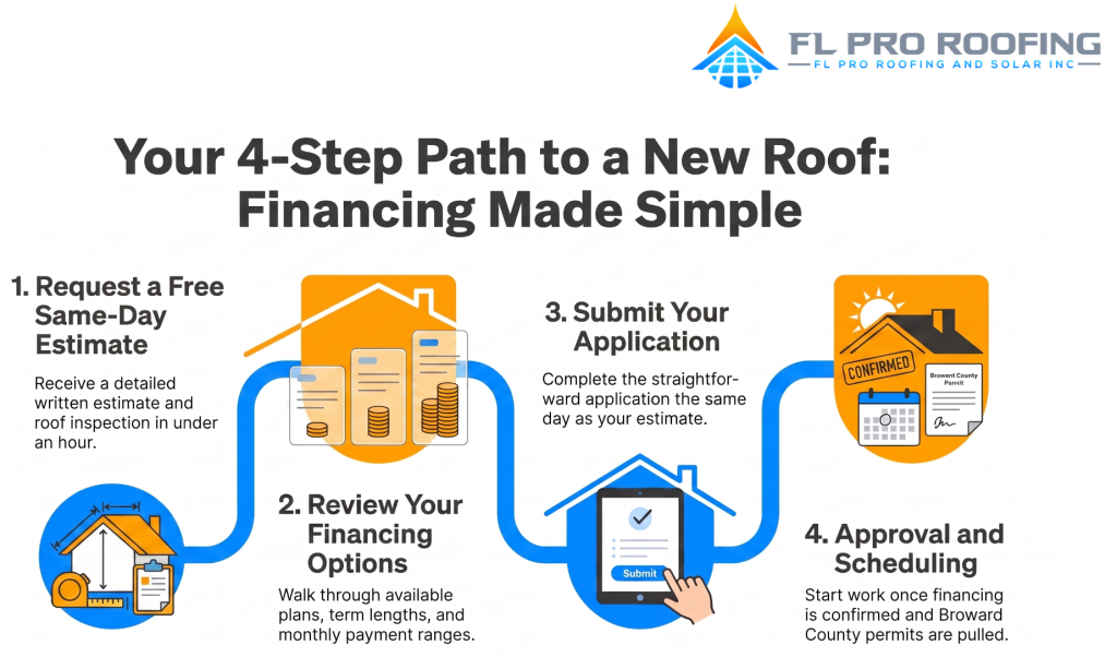 Infographic showing FL Pro Roofing's 4-step financing process: Estimate, Review Options, Apply, Approval & Scheduling.