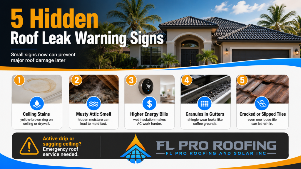 FL Pro Roofing infographic listing 5 hidden roof leak warning signs: ceiling stains, attic odors, and cracked tiles.