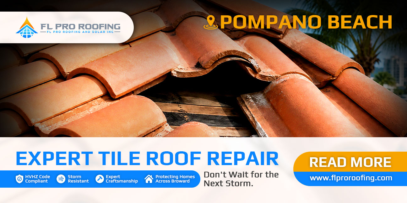 Tile roof repair in Pompano Beach services by FL Pro Roofing. Image shows broken terracotta tiles needing expert repair.