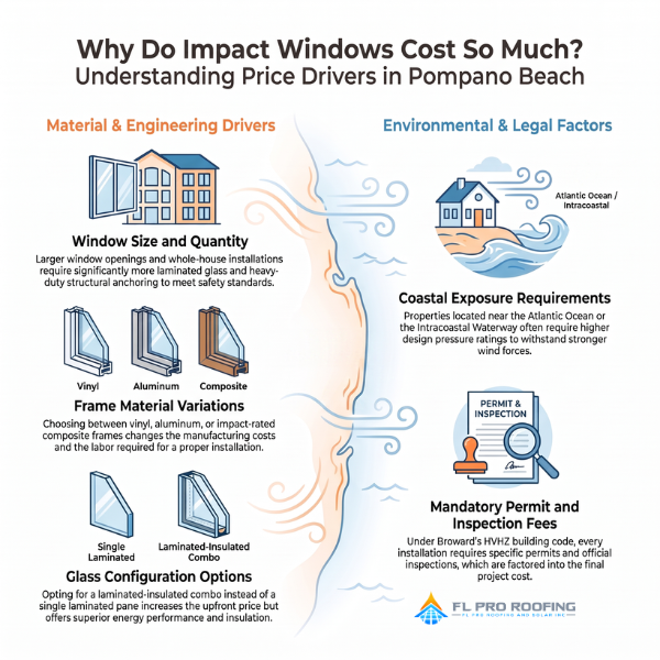 Infographic breaking down frame and glass drivers of impact windows cost